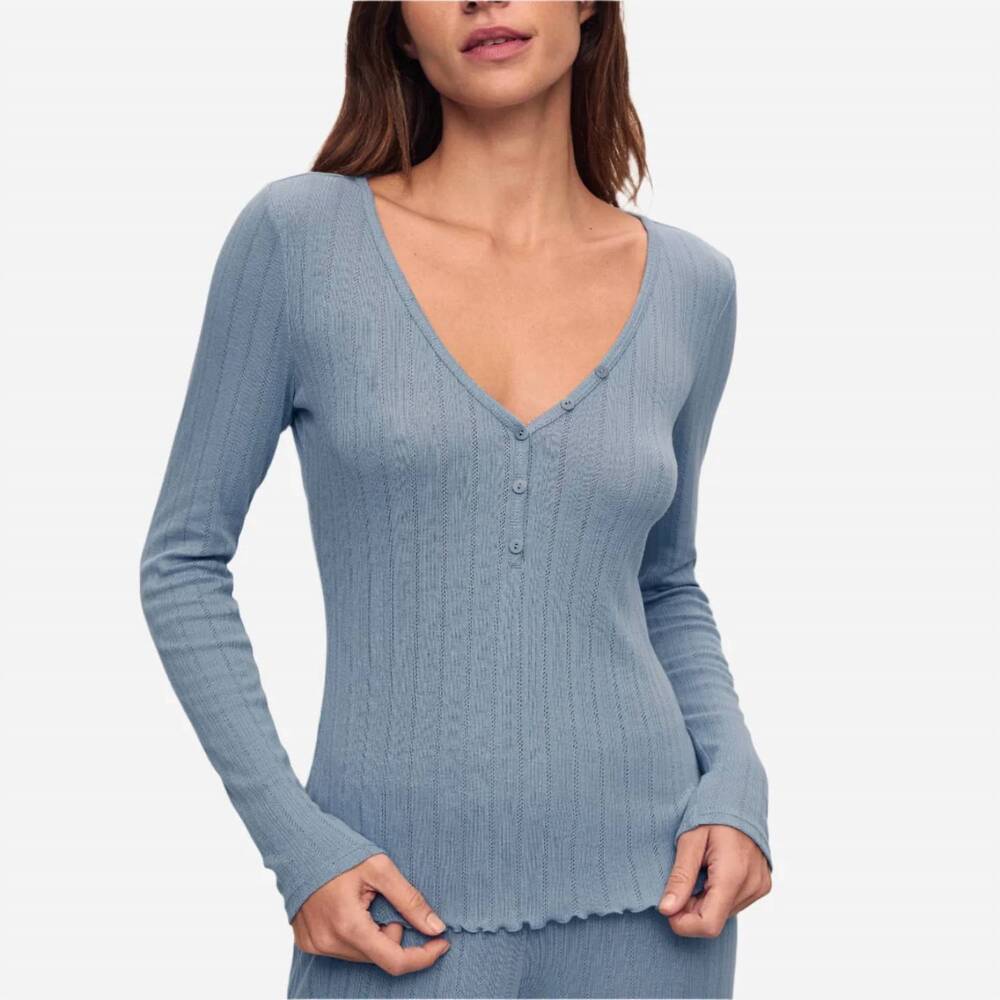 NEW EBERJEY pointelle v-neck henley top in faded denim